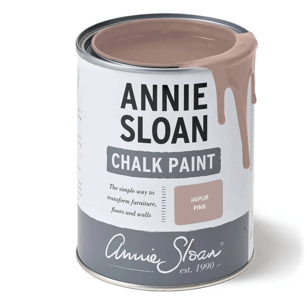Open tin of Annie Sloan Jaipur Pink Chalk Paint with paint dripping down the side, showcasing the warm earthy pink tone.