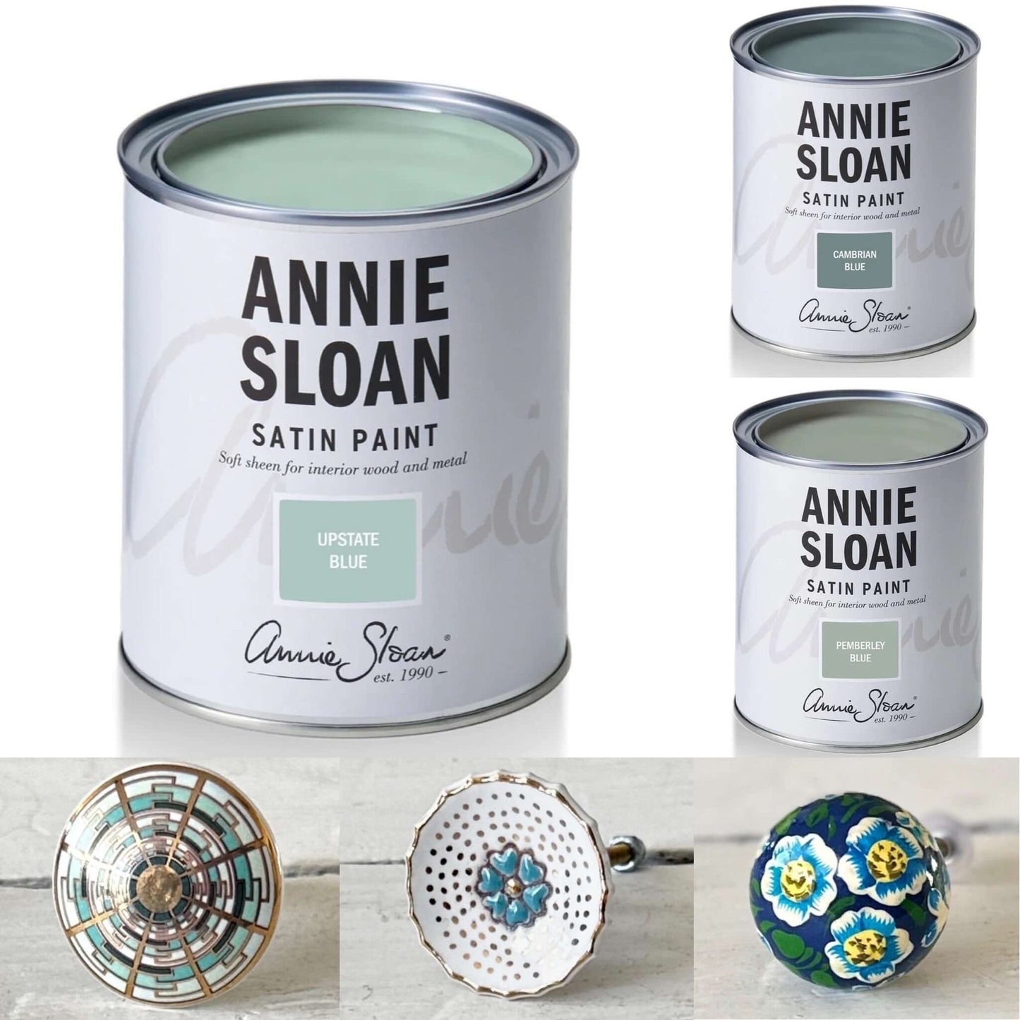 Annie Sloan satin paint cans with decorative knobs in the corner
