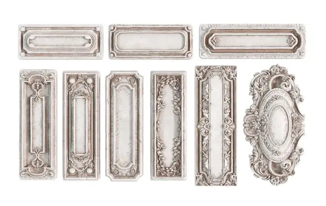 IOD Conservatory Labels Decor Mould shows vintage-style label blanks for nature-inspired crafts and baking.