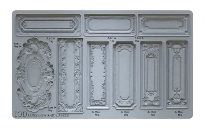 IOD Conservatory Labels Decor Mould showing vintage plaque designs for elegant crafting and baking.