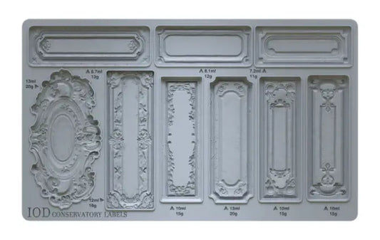 IOD Conservatory Labels Decor Mould showing vintage plaque designs for elegant crafting and baking.