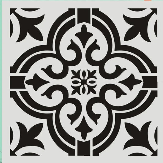 A black and white stencil of a geometric Moroccan pattern.