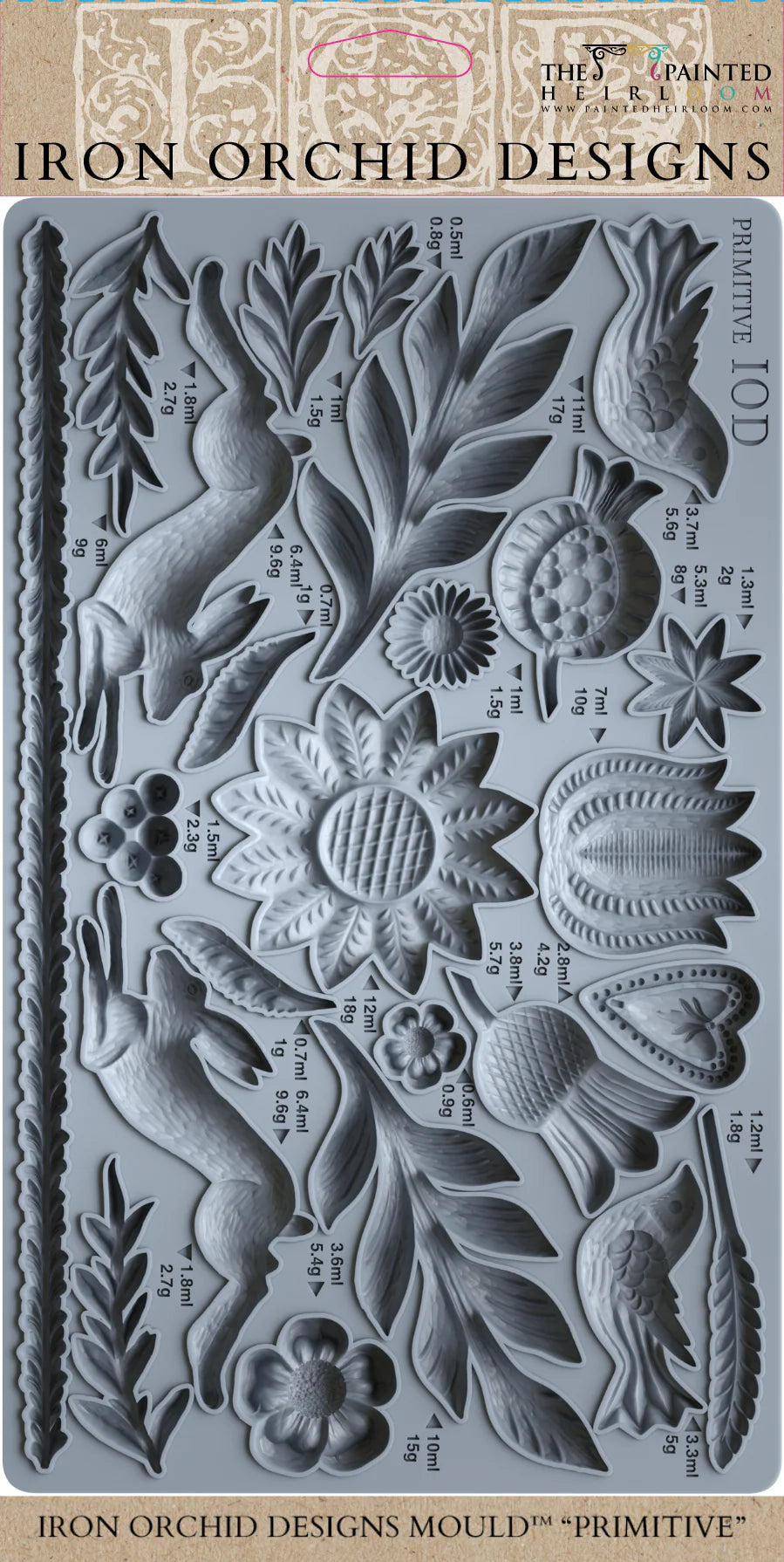 IOD Primitive Decor Mould featuring sculptural motifs of rabbits, birds, and florals for rustic decor styling.