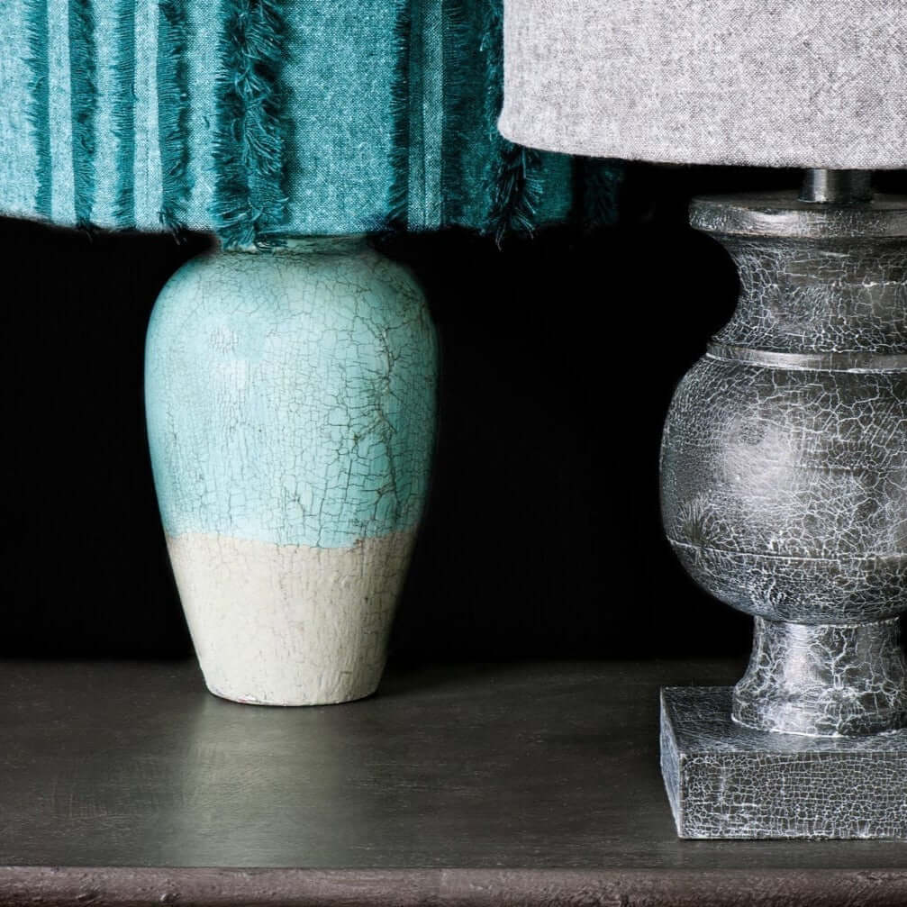 Lamp bases painted with Craqueleur crackle varnish and Chalk Paint in French Linen and Provence and Graphite