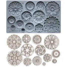 IOD Rosettes Decor Mould with 13 floral medallions for crafts, baking, and furniture decoration.