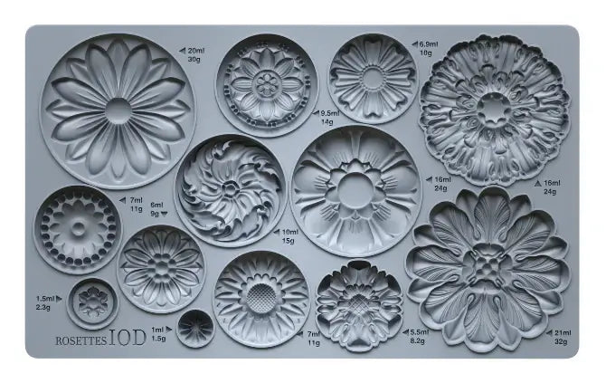 IOD Rosettes Decor Mould featuring 13 detailed floral medallions for crafting and baking.