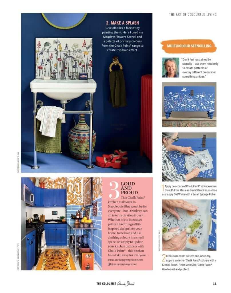 Annie Sloan - The Colourist Issue 5 showcasing multicolour stenciling and vibrant chalk paint ideas in a stylish home.