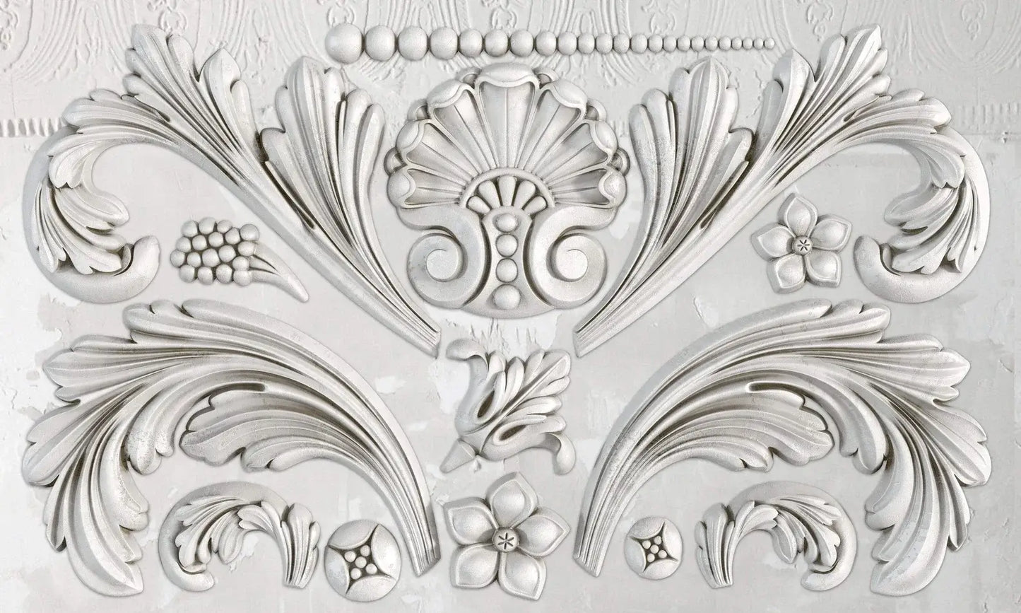 IOD Acanthus decor mould featuring ornate acanthus leaf motifs and decorative flourishes for vintage-style crafting.