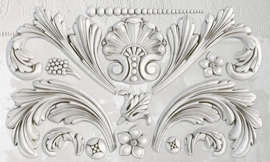 IOD Acanthus decor mould featuring ornate acanthus leaf motifs and decorative flourishes for vintage-style crafting.