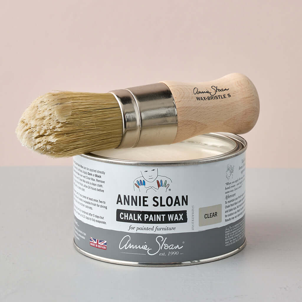 Annie Sloan Clear Chalk Paint™ Wax with brush for painted furniture, providing a protective finish.