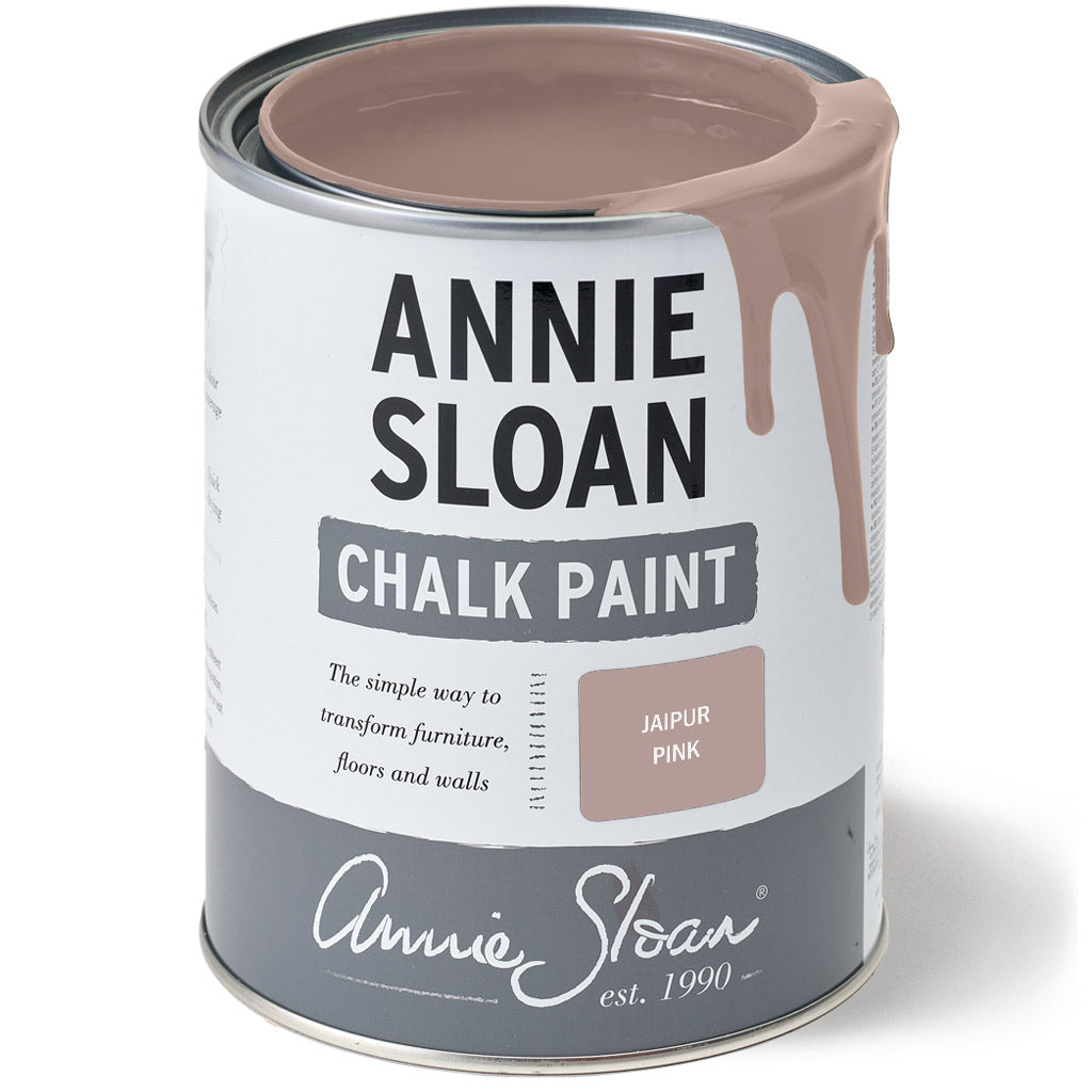 Open tin of Annie Sloan Jaipur Pink Chalk Paint with paint dripping down the side, showcasing the warm earthy pink tone.