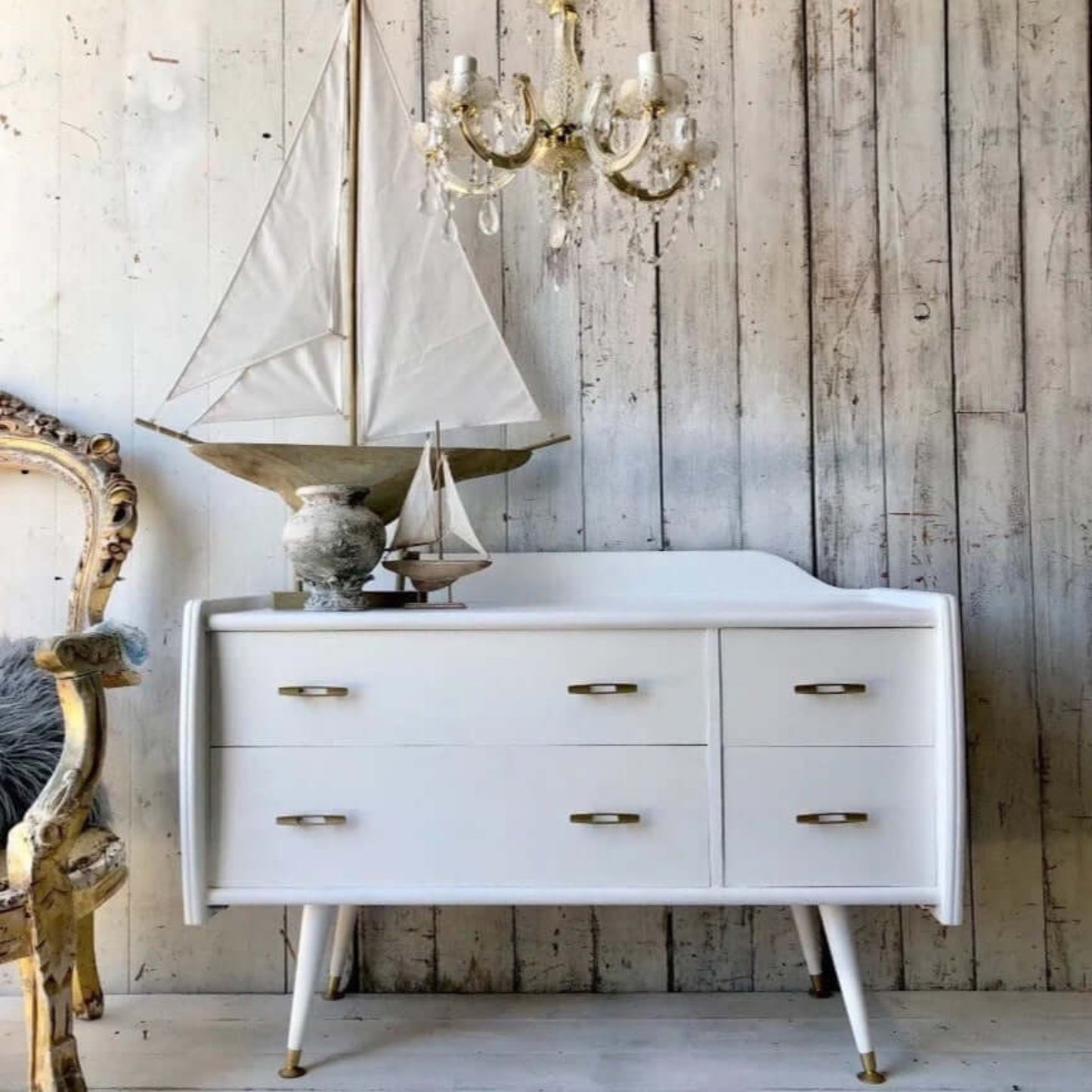 Pure - Annie Sloan Satin Paint applied to a stylish white dresser in a rustic decor setting.