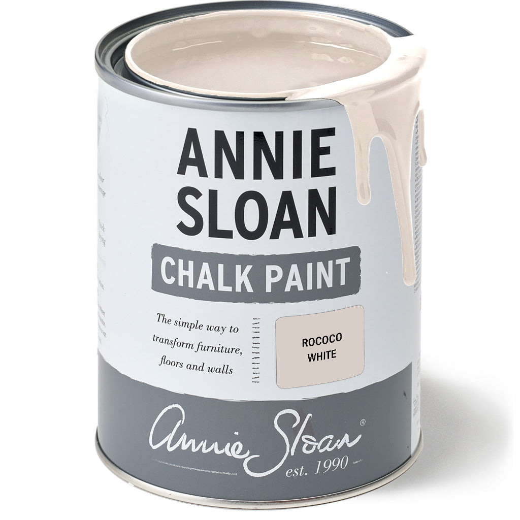 Tin of Annie Sloan Chalk Paint in Rococo White with paint dripping down the side.