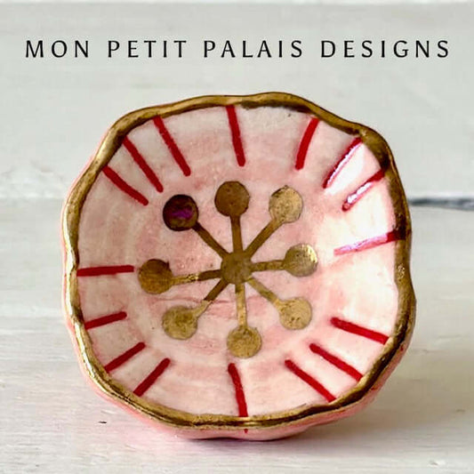 Blush & Gold Bloom Ceramic Knob - handcrafted pink ceramic knob with gold trim and floral design