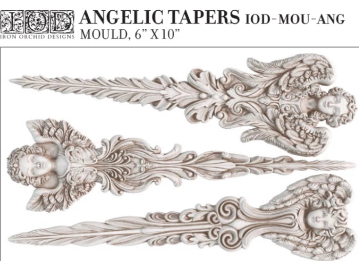 Full product image of the IOD Angelic Tapers Mould, showcasing detailed angel motifs and taper designs, with measurements of 6” x 10”, ideal for DIY and upcycling projects.