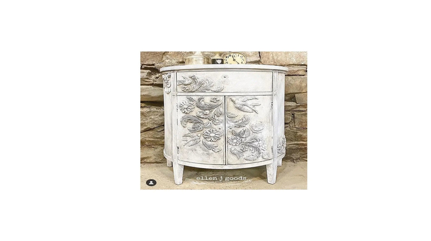 IOD Birdsong Decor Mould used on a wooden cabinet, showcasing nature-inspired bird designs.