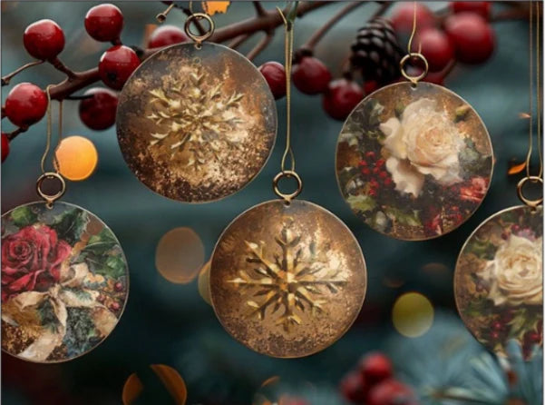 Vintage-style Christmas ornaments decorated with IOD Crimson Velvet Transfers, featuring gold snowflakes and festive florals in red and white, hanging from a tree branch
