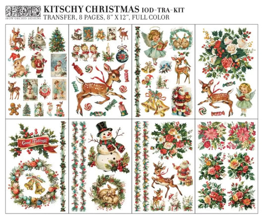 IOD Kitschy Christmas Decor Transfer set featuring 8 sheets with retro holiday designs, including reindeer, elves, snowmen, Christmas florals, and Santa Claus in vintage colors