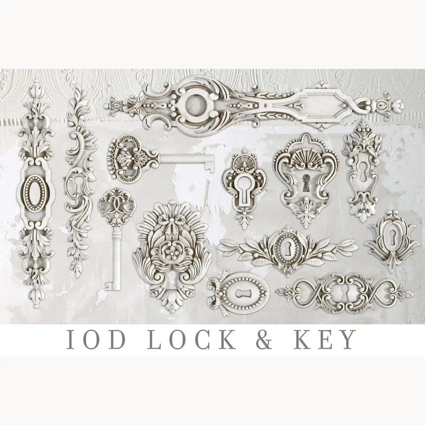 IOD Lock & Key Decor Mould showcasing vintage keys and ornate locks for crafting and baking projects.
