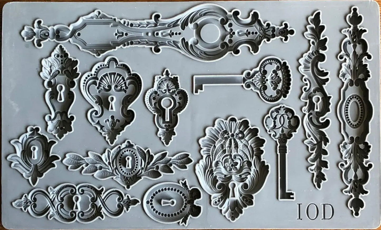 IOD Lock & Key Decor Mould showing various vintage keys and ornate locks for crafts and decor.