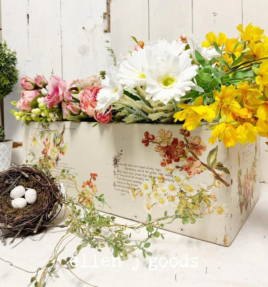 Craft project featuring the IOD Lover of Flowers Transfer, adding a vintage garden aesthetic to home decor.