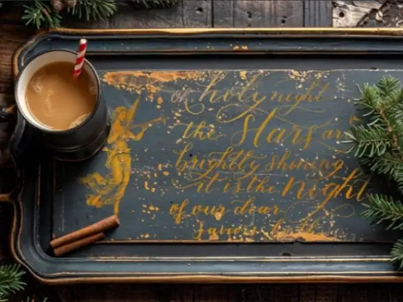 Vintage-style serving tray with IOD Tinsel Foil Transfer featuring gold foil Christmas angel and song lyrics, perfect for holiday décor.