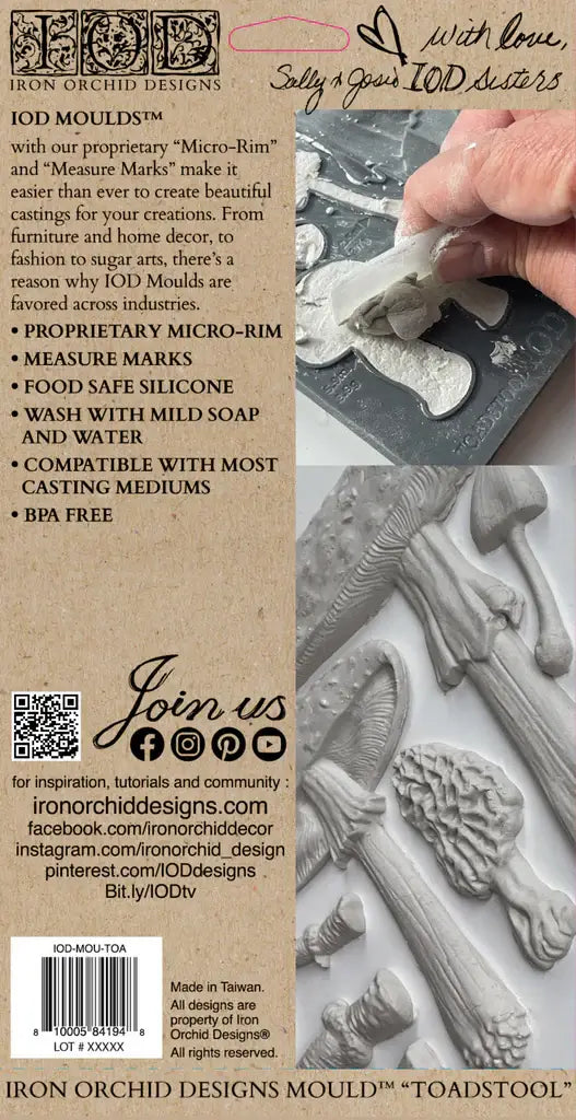 IOD Toadstool Decor Mould back packaging showing detail and usage instructions for Iron Orchid Designs products.