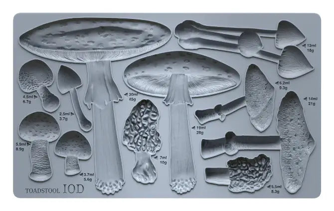 IOD Toadstool Decor Mould features 11 intricate mushroom designs for crafting and decor.
