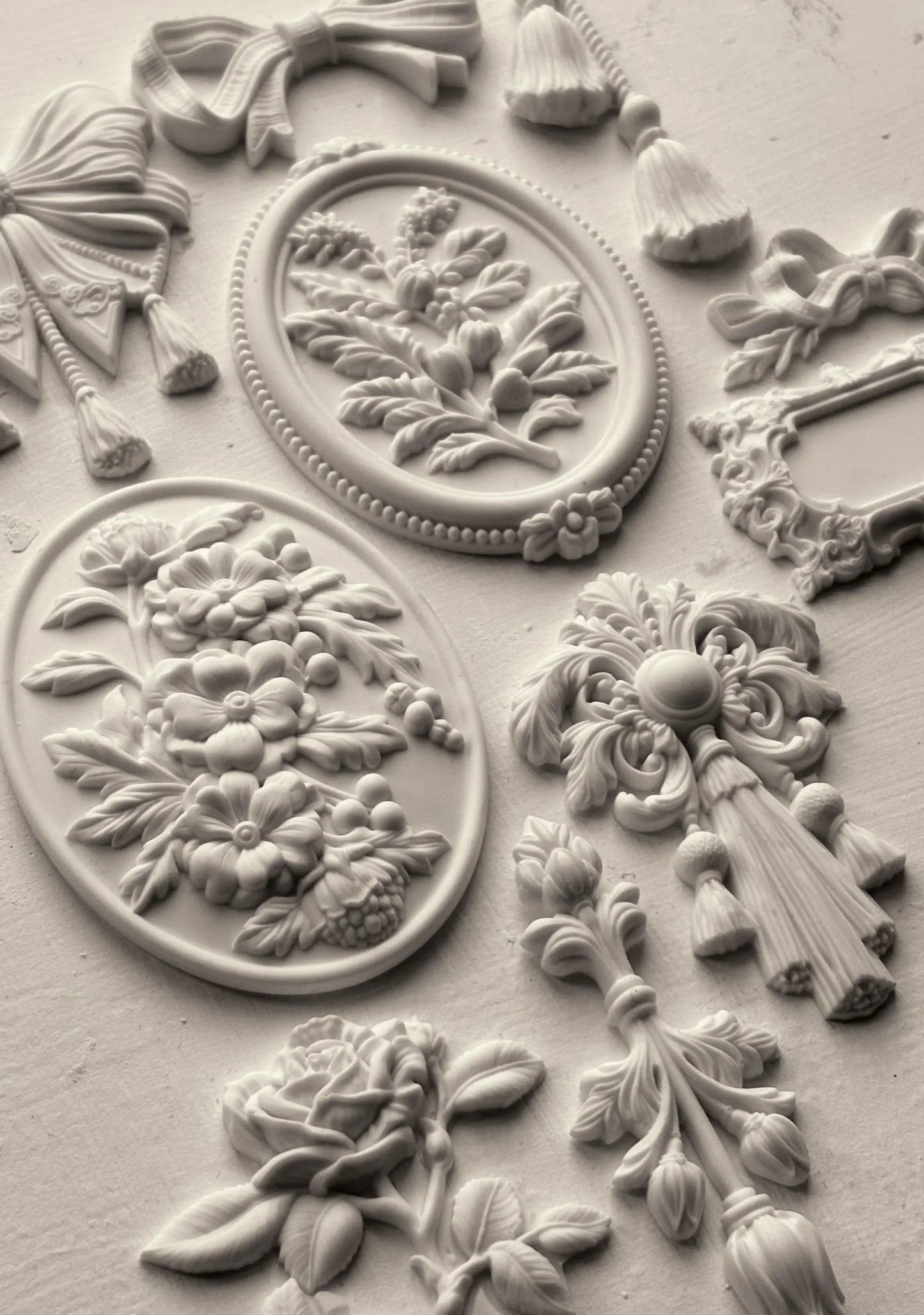 IOD Victoriana Decor Mould featuring intricate Victorian motifs, including flowers, tassels, and ornate designs.