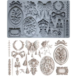 IOD Victoriana Decor mould with floral and bow designs and an image of it as a casting.