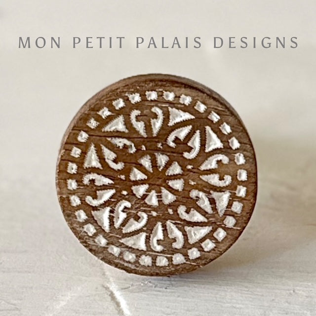 Marie carved wood knob with detailed cut-out design in natural finish - coastal boho handle from Mon Petit Palais Designs.