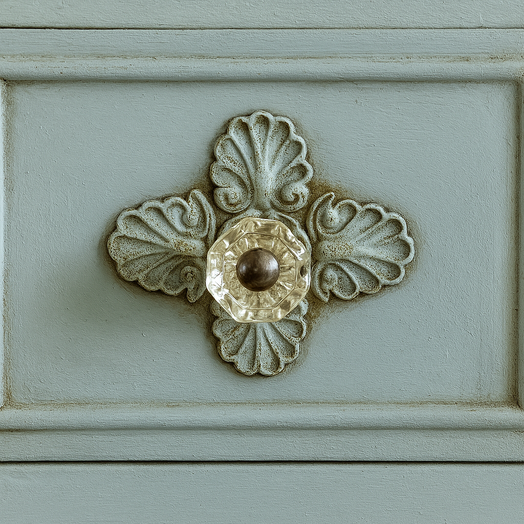 Plaque 019 decorative applique used as a backplate for a glass drawer knob on a duck egg blue drawer front, with dark wax highlighting the raised detailing
