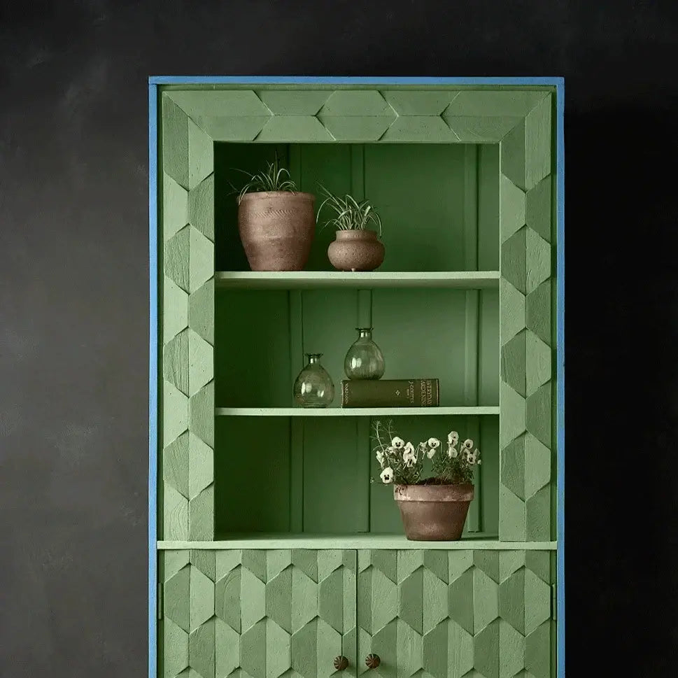 Green chalk paint applied to a textured cabinet, showcasing upcycled painted furniture with potted plants.
