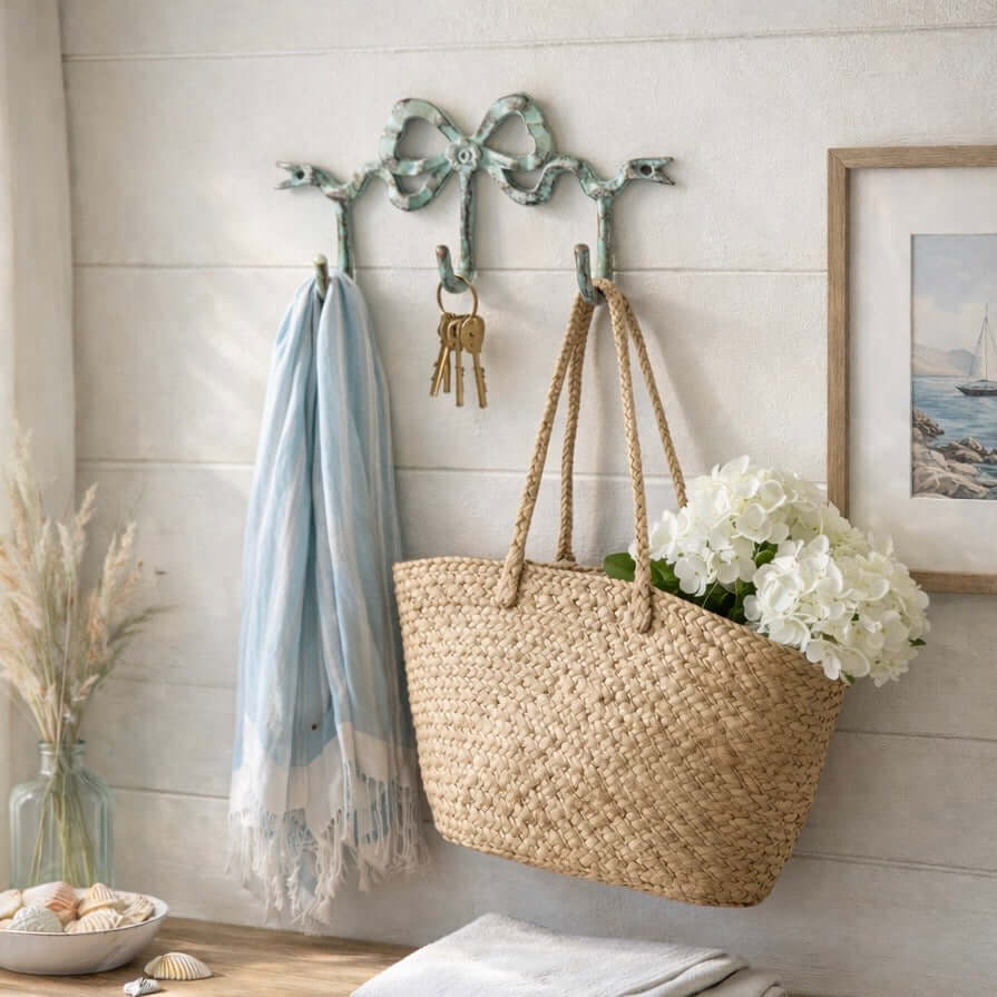Teale Bow Wall Hook holding a blue scarf, keys, and a basket of flowers in a coastal-themed interior.