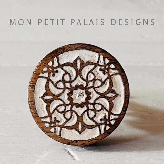 Front view of Zoe carved wood knob featuring etched floral pattern on white background - rustic furniture hardware by Mon Petit Palais Designs.