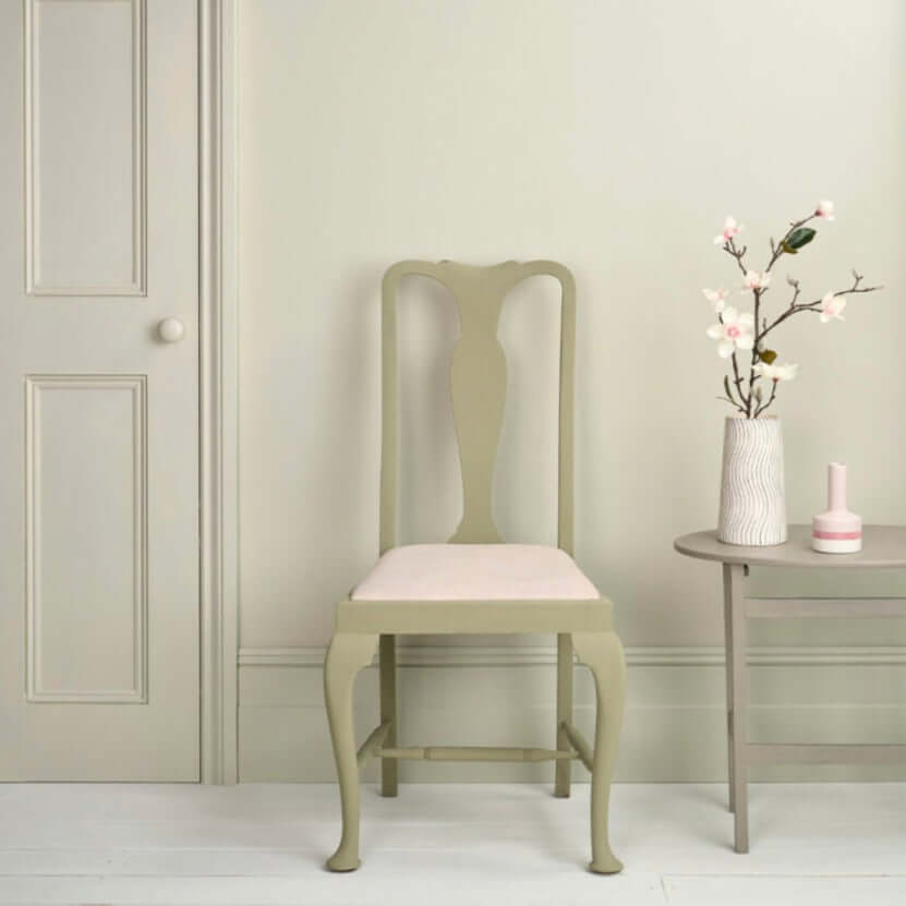 Cotswold Green - Annie Sloan Satin Paint used on a vintage chair in a soft interior setting.