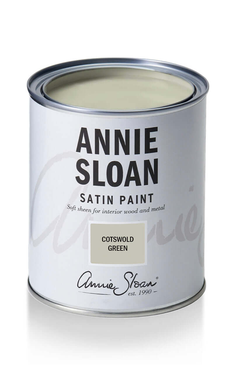 Cotswold Green - Annie Sloan Satin Paint can featuring sage green color for interior wood and metal.
