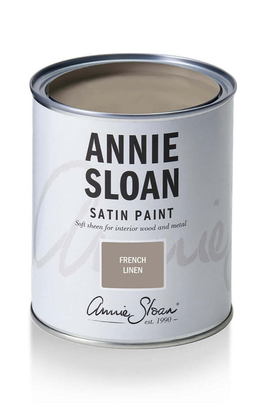 French Linen - Annie Sloan Satin Paint can showcasing soft sheen for interior wood and metal.