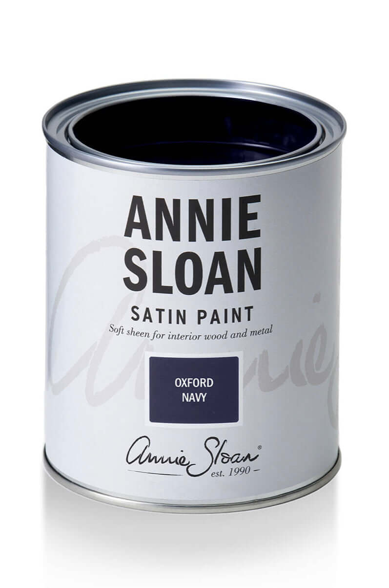 Oxford Navy - Annie Sloan Satin Paint can showcasing navy blue shade for interior wood and metal.