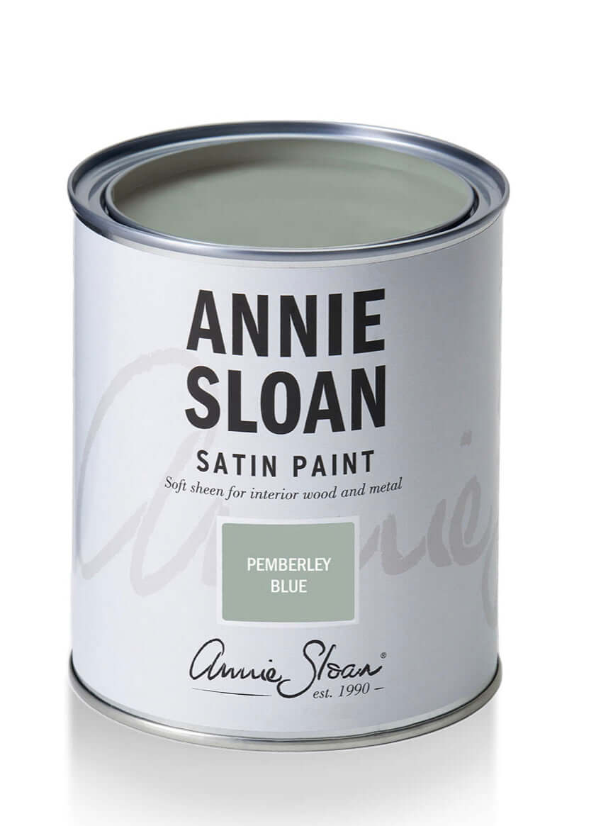 Pemberley Blue - Annie Sloan Satin Paint in a can, showcasing its elegant pastel blue color and branding details.