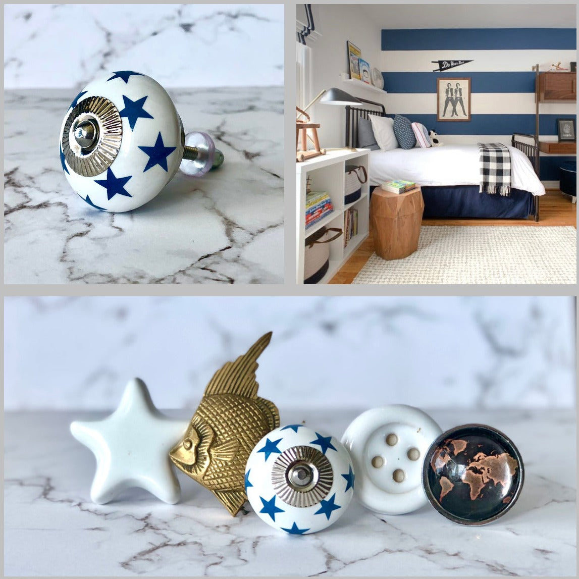 A collection of decorative knobs displayed on a marble surface, including a white knob with blue stars, a white ceramic star knob, a brass fish-shaped knob, a button-inspired knob, and a knob featuring a world map. In the background, a children’s room with blue and white striped walls, a cozy bed, and playful decor suggests how these knobs could add charm to a child’s bedroom or playful spaces.