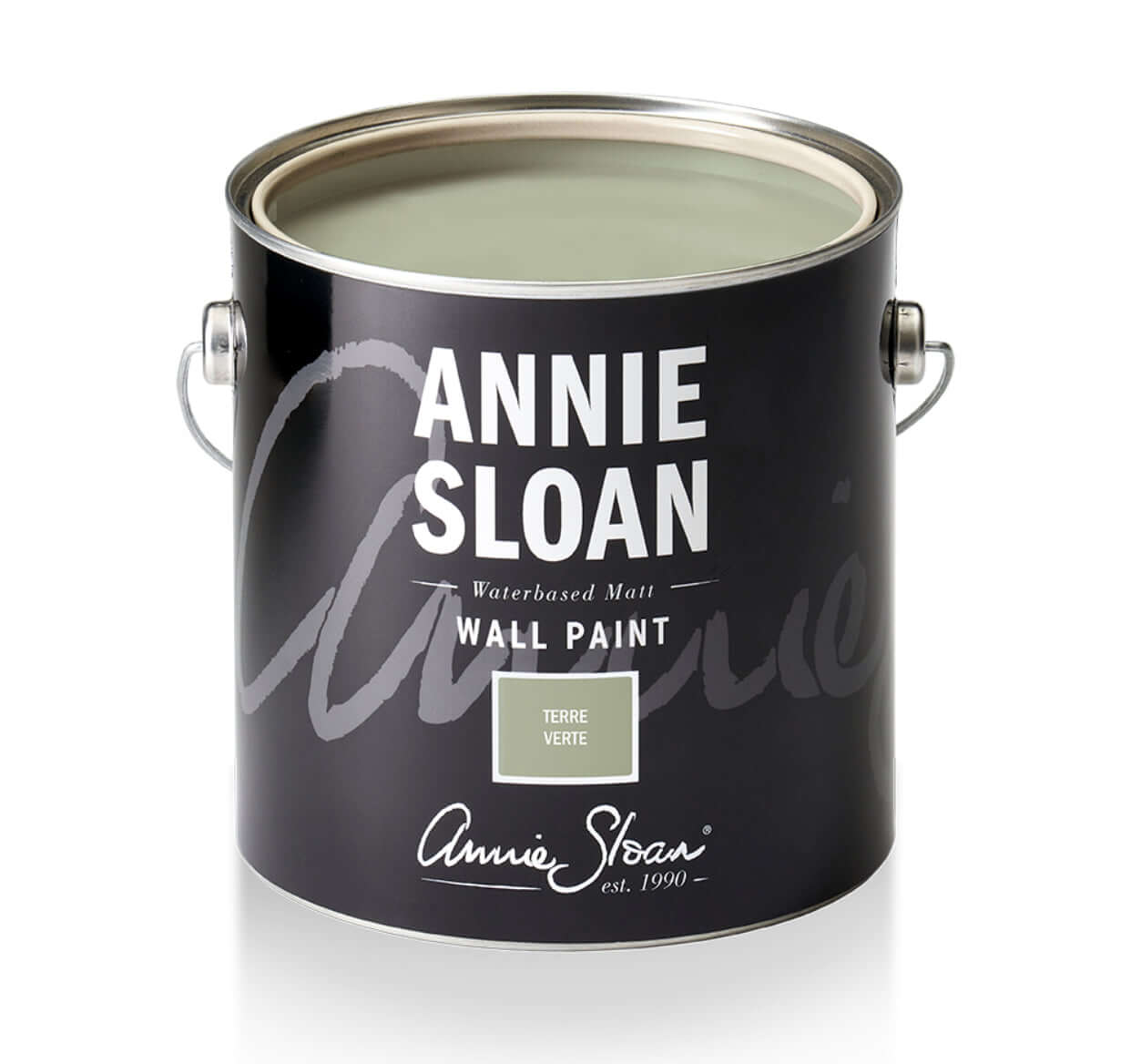 Annie Sloan Wall Paint® in Terre Verte, a cool grey-green color, packaged in a sleek black paint can.