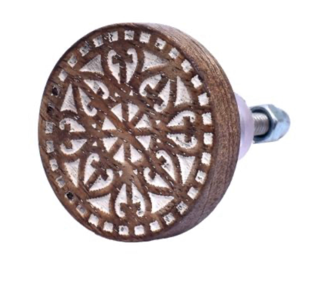 Close-up of Marie carved knob showing lacy carved wood design - ideal for beachy , boho decor updates.