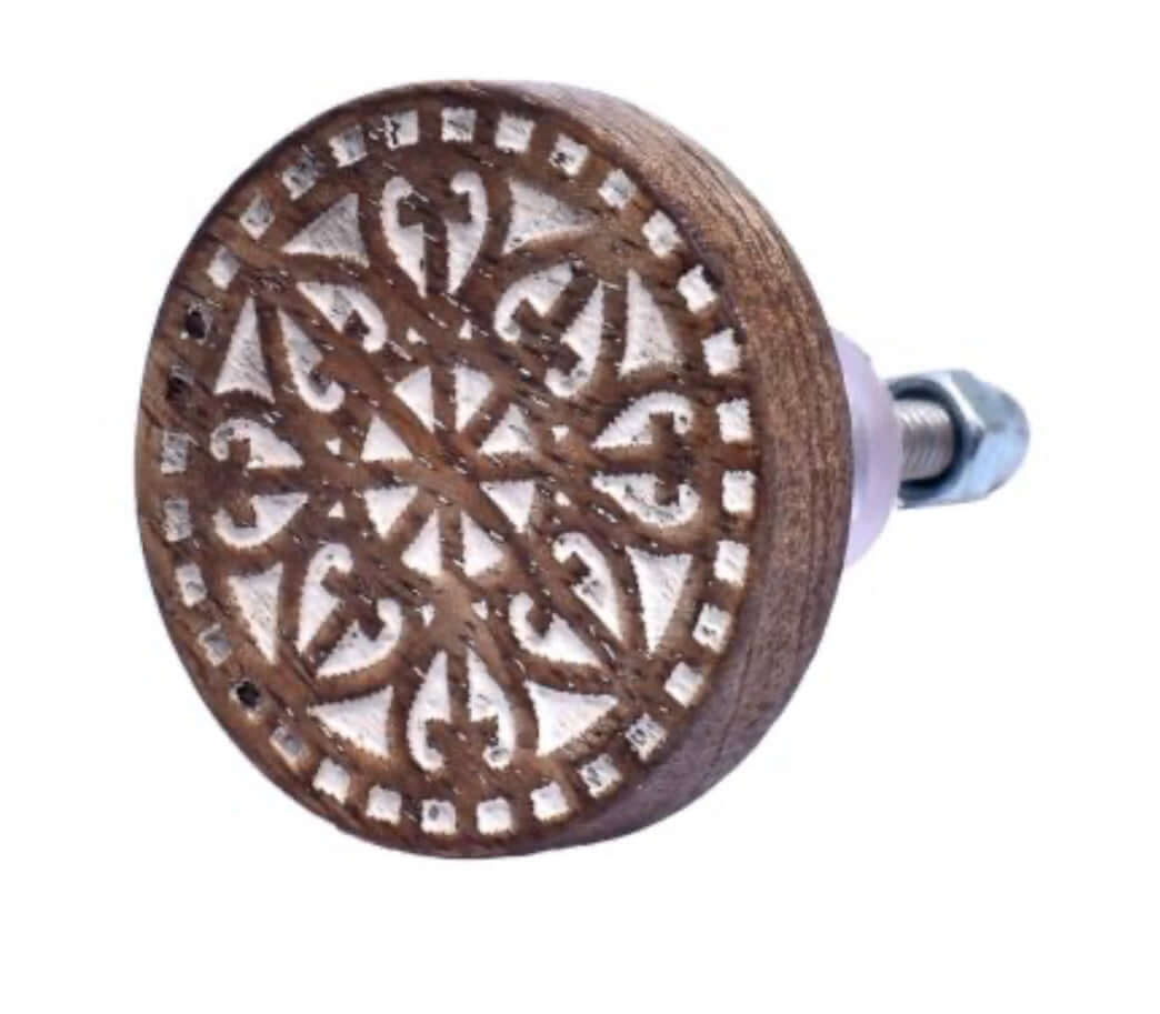 Close-up of Marie carved knob showing lacy carved wood design - ideal for beachy , boho decor updates.