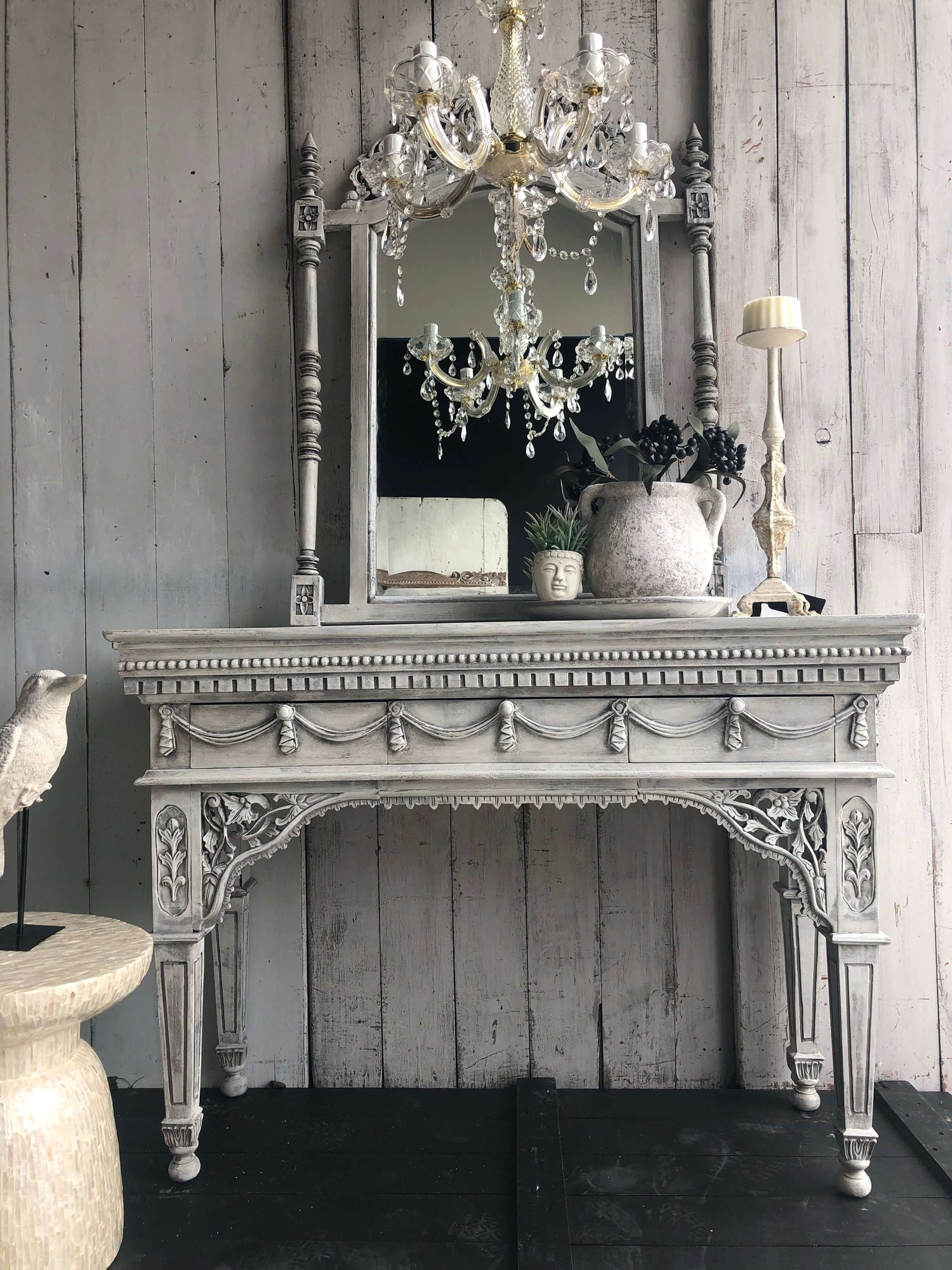 Reveiller Console Table - French Linen & Old White with Dark Wax Finish