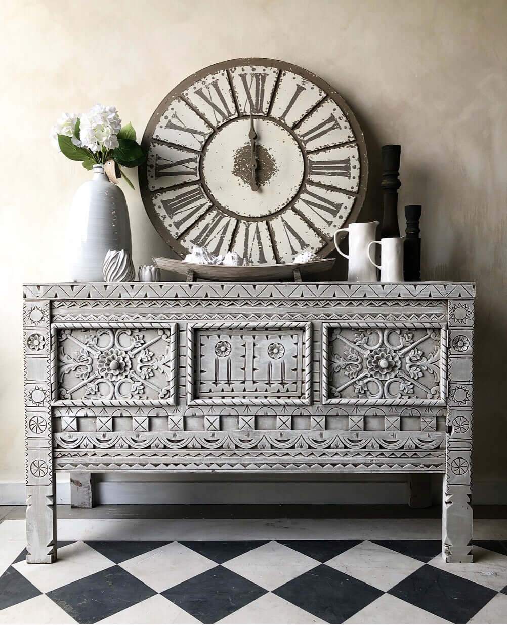Boheme Carved Cabinet – French Linen & Old White Finish