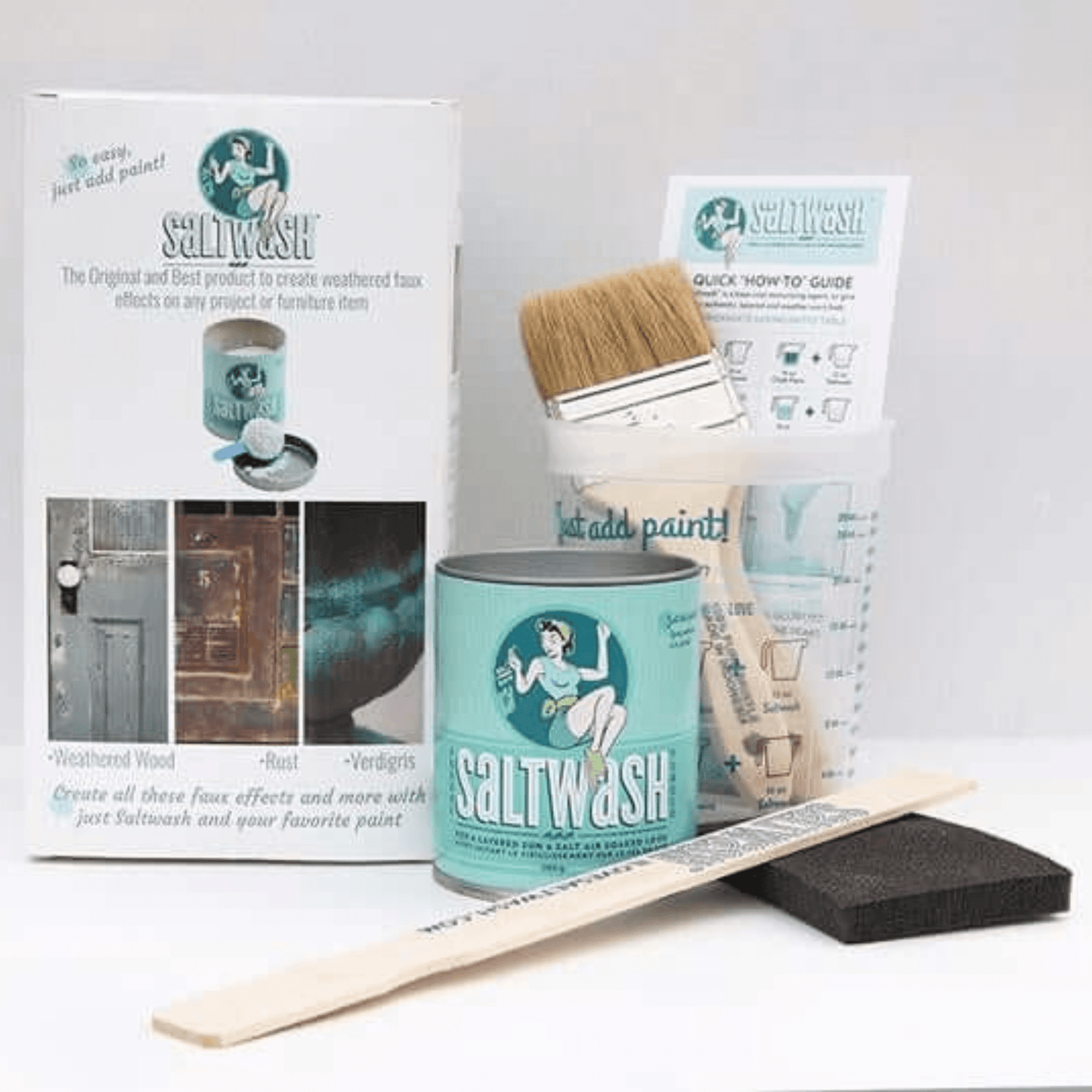 Saltwash® Faux Effects Kit with 10 oz Saltwash, brushes, mixing cup, sanding sponge, look book and brochure for creating Verdigris, Rust, Sea Glass and textured paint finishes.