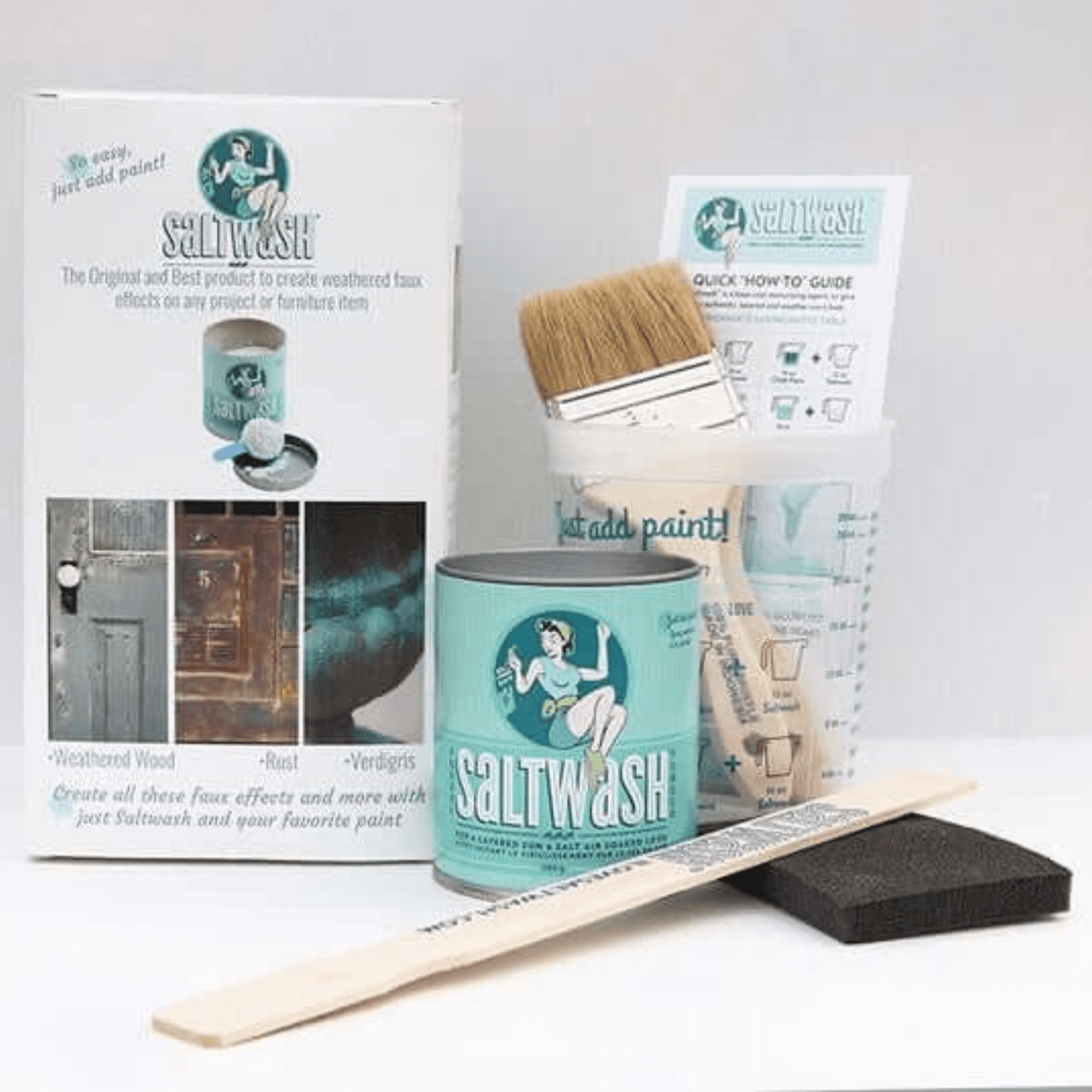 Saltwash® Faux Effects Kit with 10 oz Saltwash, brushes, mixing cup, sanding sponge, look book and brochure for creating Verdigris, Rust, Sea Glass and textured paint finishes.