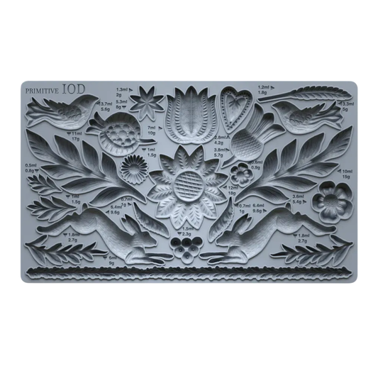 IOD Primitive Decor Mould featuring whimsical motifs like rabbits, birds, and florals for decor and furniture styling.