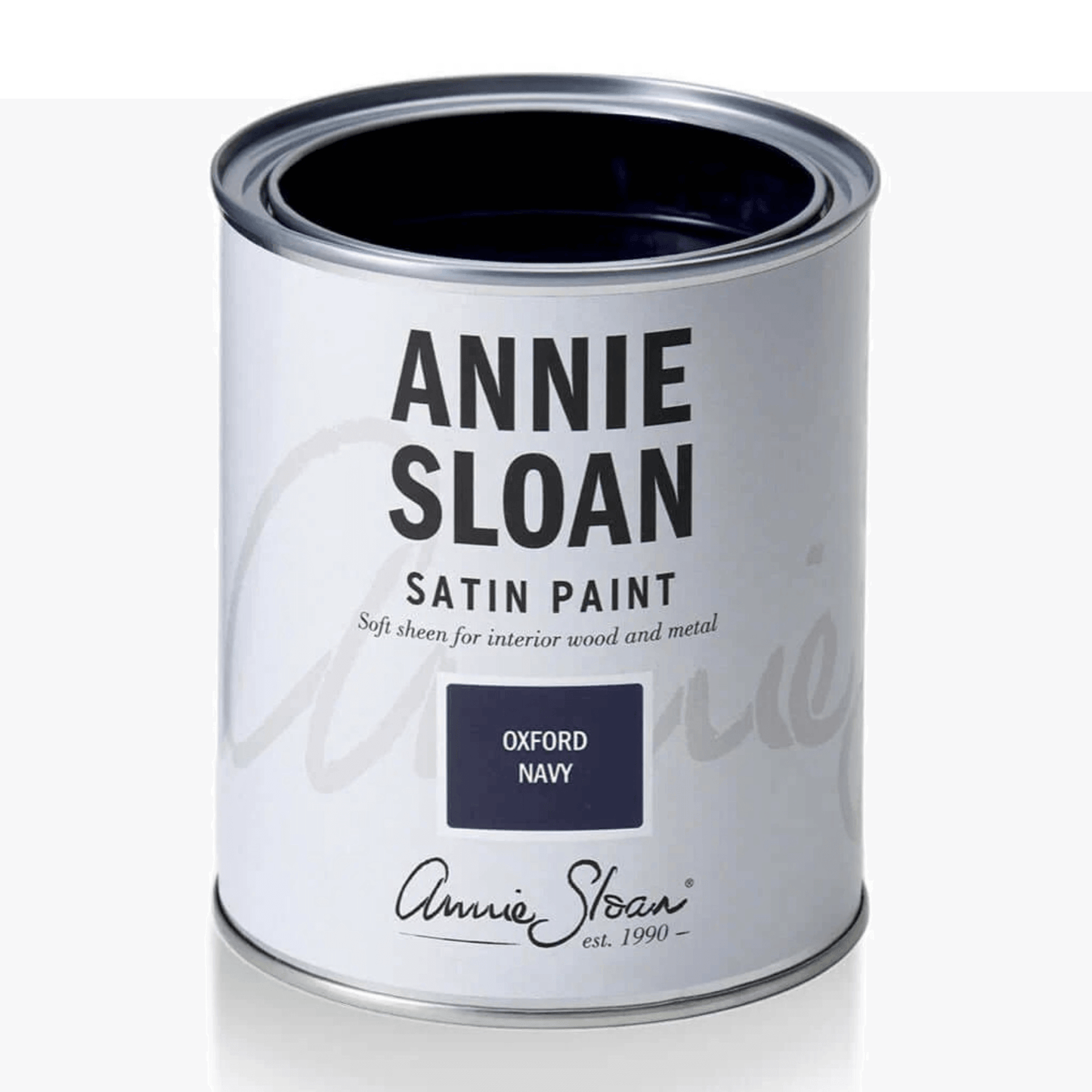Oxford Navy - Annie Sloan Satin Paint can showcasing navy blue shade for interior wood and metal.